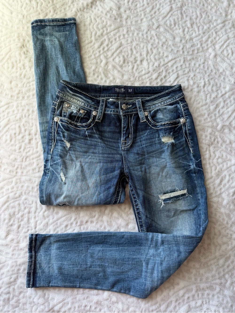 Miss Me Mid Rise Ankle Skinny Jeans Size 27 Distressed Star Embellished Y2K